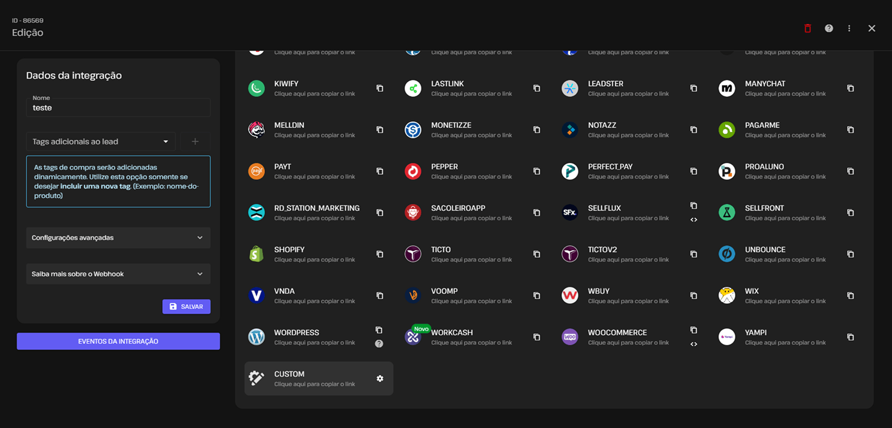 Lista de plataformas na SellFlux